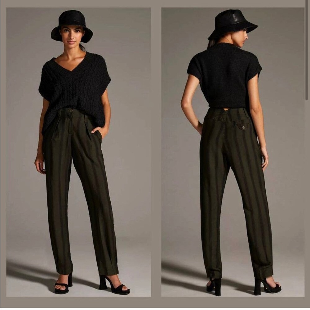 Anthropologie women’s size 12, black and green stripe trousers.